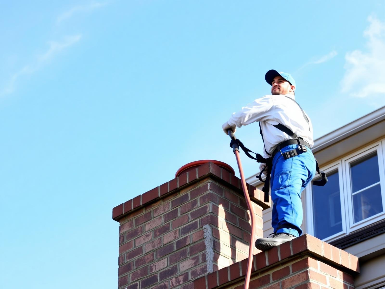 Chimney technician working on a brick chimney on a sunny day